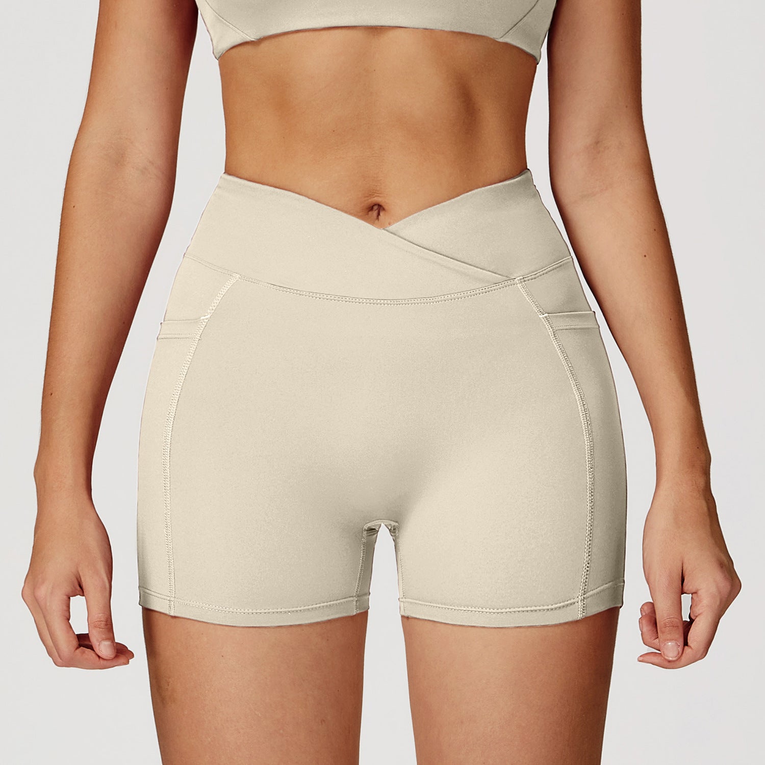 Women’s V Cross Waist Biker Shorts High Waist Yoga Shorts with Side Pockets