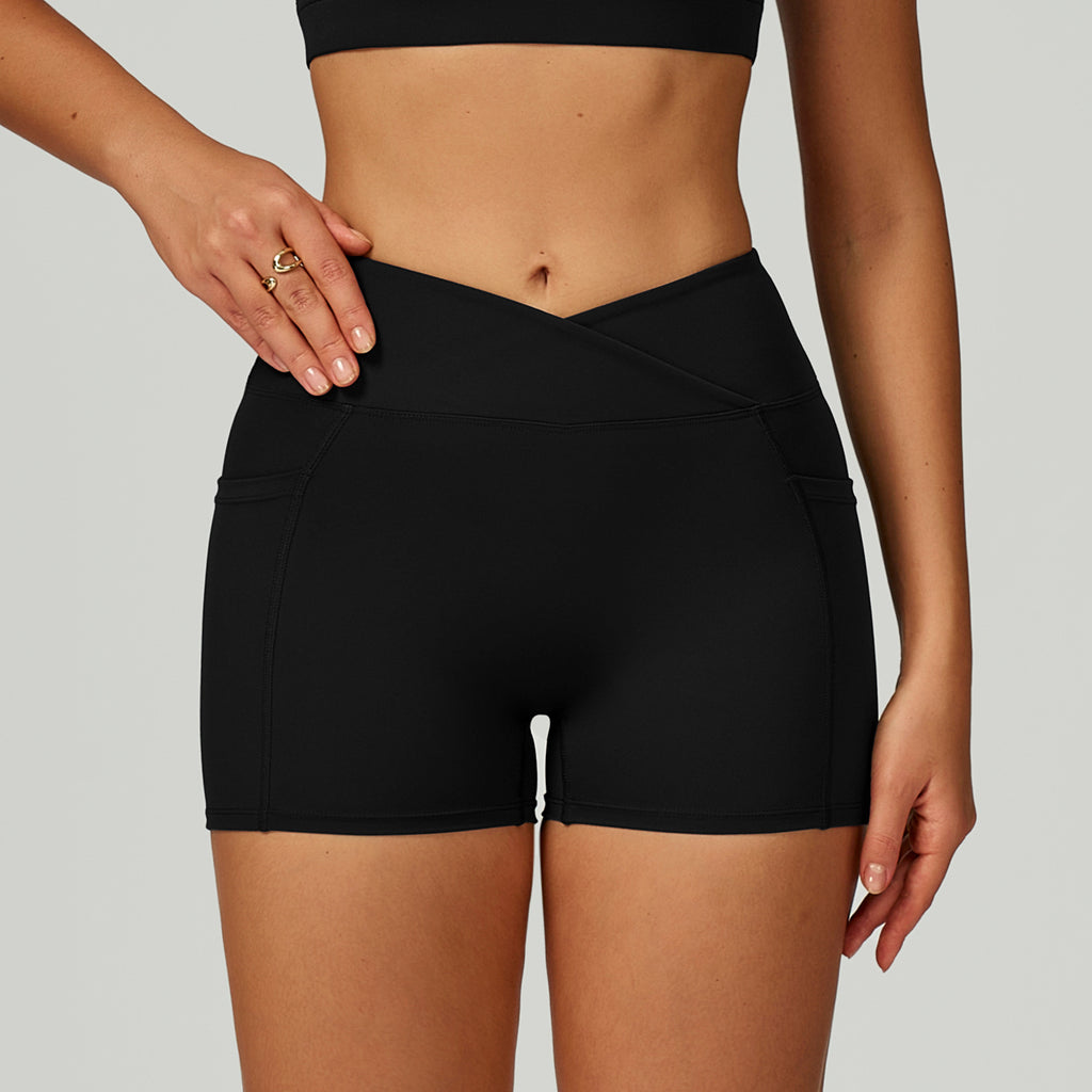 Women’s V Cross Waist Biker Shorts High Waist Yoga Shorts with Side Pockets
