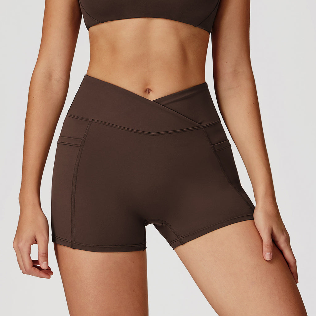 Women’s V Cross Waist Biker Shorts High Waist Yoga Shorts with Side Pockets