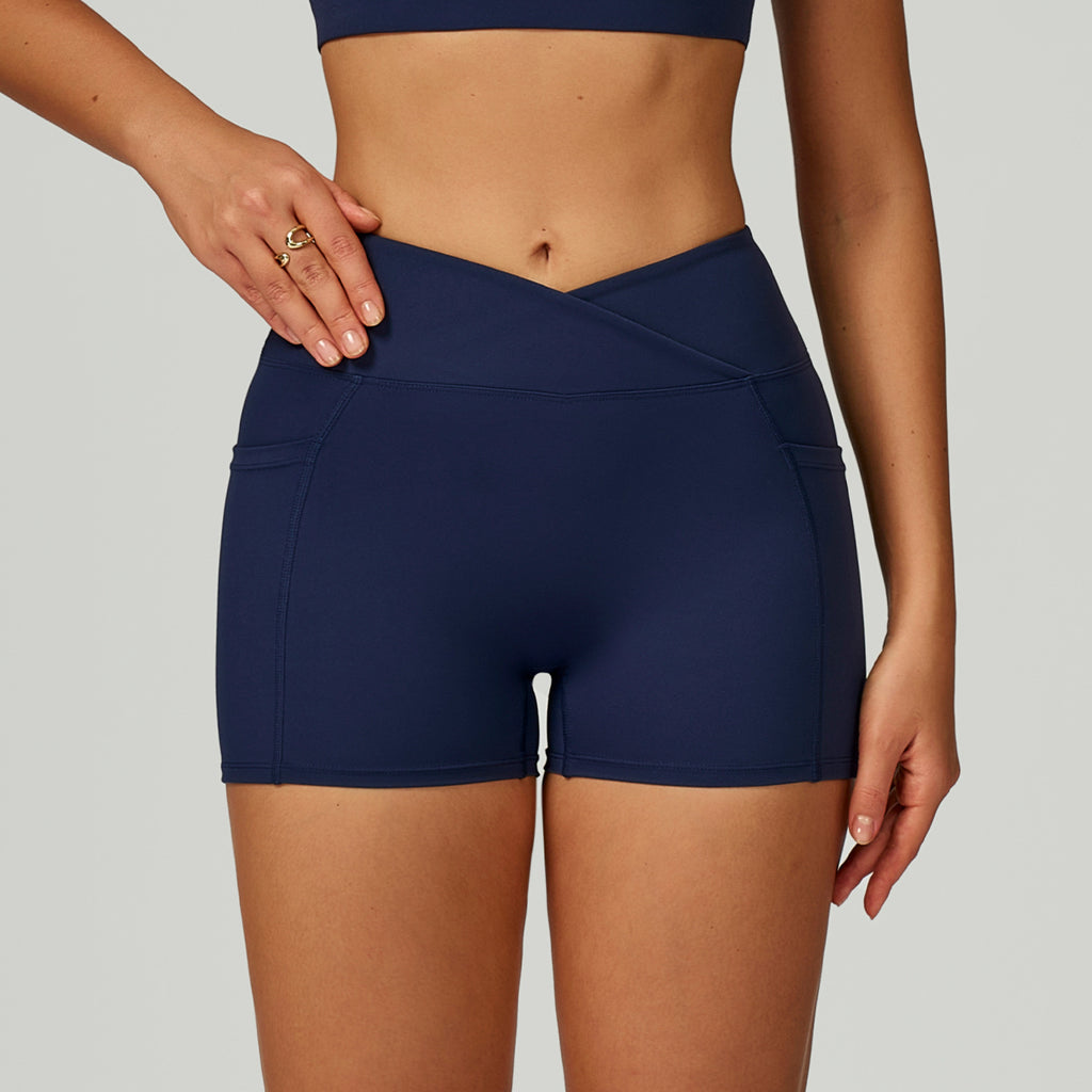 Women’s V Cross Waist Biker Shorts High Waist Yoga Shorts with Side Pockets