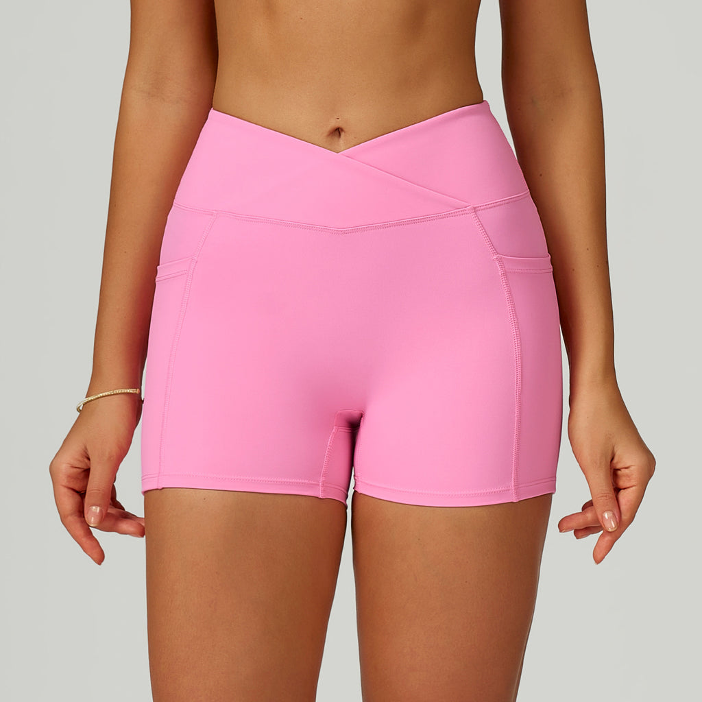 Women’s V Cross Waist Biker Shorts High Waist Yoga Shorts with Side Pockets