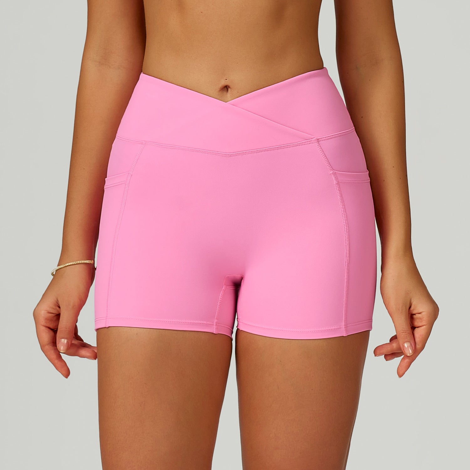 Women’s V Cross Waist Biker Shorts High Waist Yoga Shorts with Side Pockets